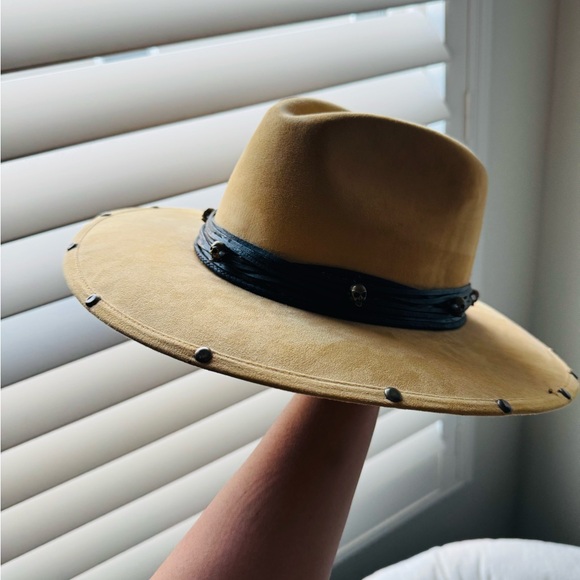 Tan Fedora Hat with Black Ribbon and Studded Brim main image 4